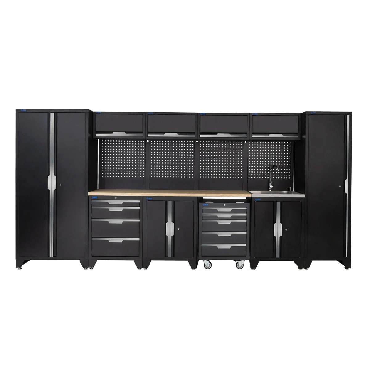 SGS 14pc Garage Storage System | 9 Drawers | Pressed Wood Worktop | Floor Cabinet | Tall Single & Double Cabinets | Sink Unit